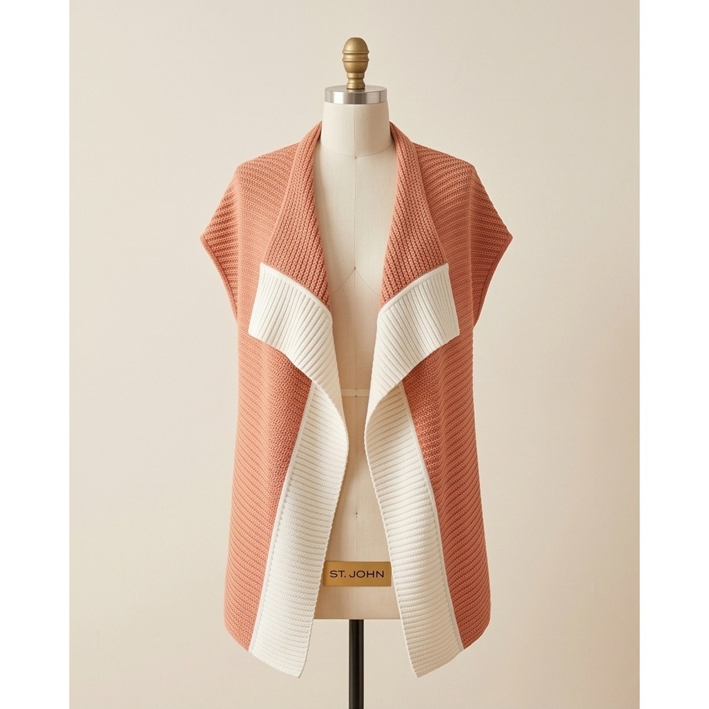 St John L Peach Pink Silk Blend Ribbed Knit Open Front Cardigan Vest Large